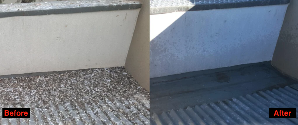 Before and after bird droppings clean up on roof